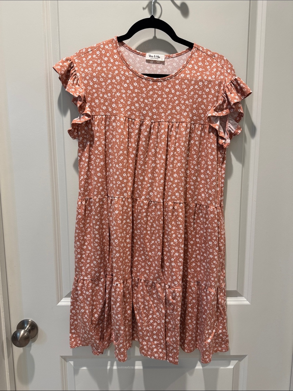 Rust Floral Tiered Midi Dress with Ruffle Sleeves